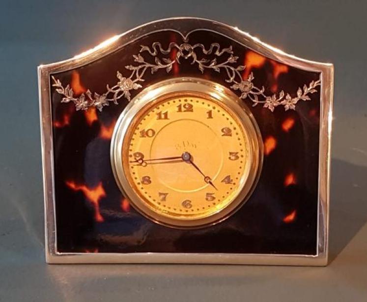 George V Silver and Tortoise Shell Table Clock - Image 1