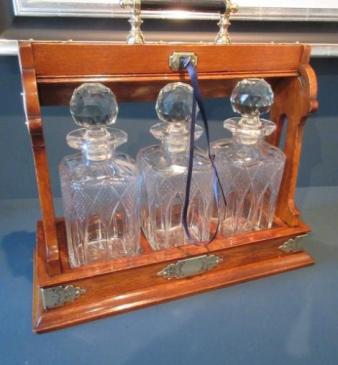 Superb Antique Polished Oak & Ebony Three Bottle Tantalus