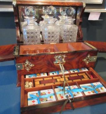 Stunning Antique Burr Walnut Tantalus & Games Box