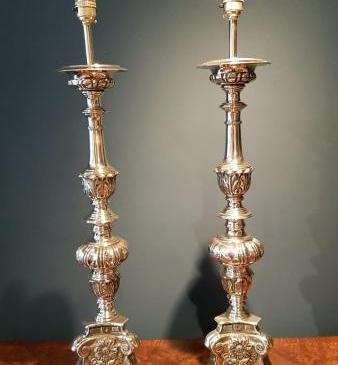 Matching Pair of Antique Brass Candlestick Lamps