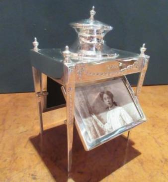 Superb Antique Silver Desktop Photo Frame & Inkwell Stand