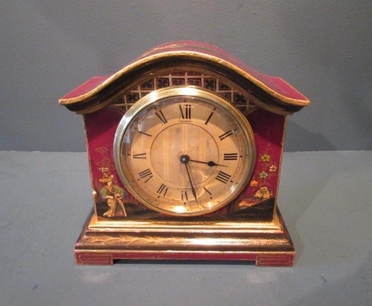 Antique Maroon Chinoiserie 8 Day Lacquered Mantel Clock - Image 1