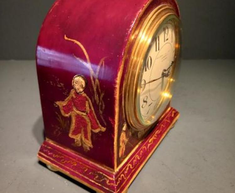 Small Antique Chinoiserie Maroon Mantel Clock - Image 4
