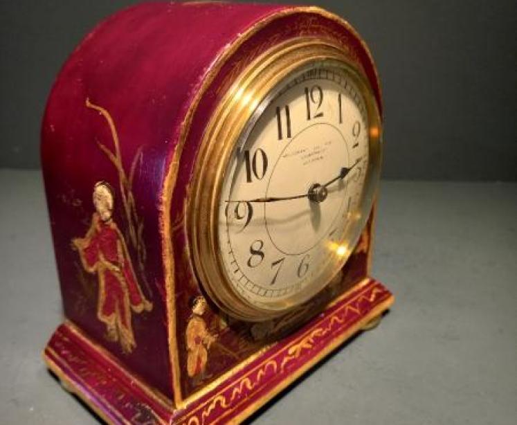 Small Antique Chinoiserie Maroon Mantel Clock - Image 7