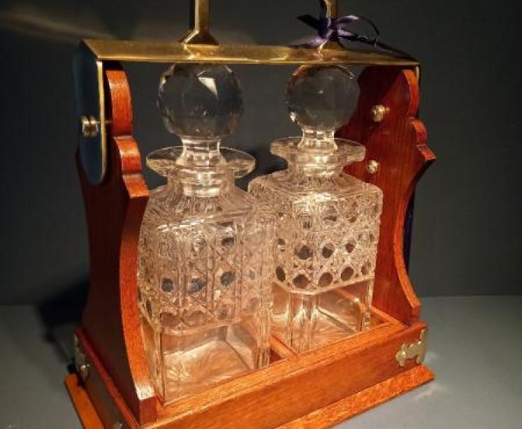 Antique Polished Oak Two Bottle Tantalus - Image 1