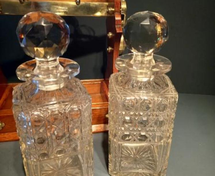 Antique Polished Oak Two Bottle Tantalus - Image 6