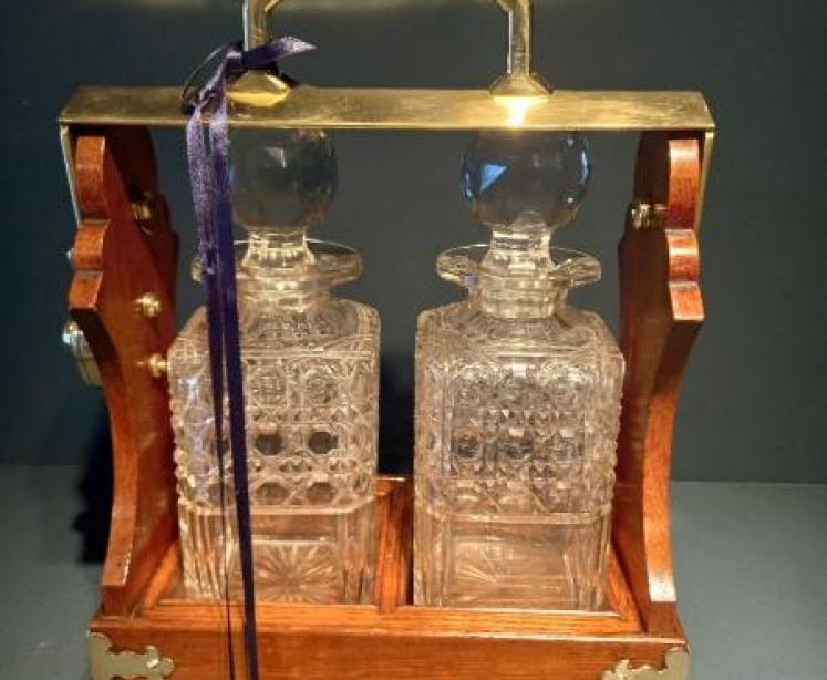 Antique Polished Oak Two Bottle Tantalus - Image 7