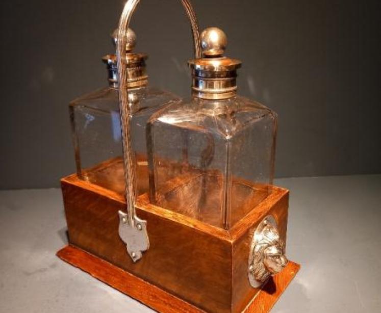 Antique Oak Cased Two Bottle Decanter Set - Image 7