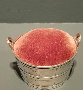 Antique Silver Wash Barrel Pin Cushion
