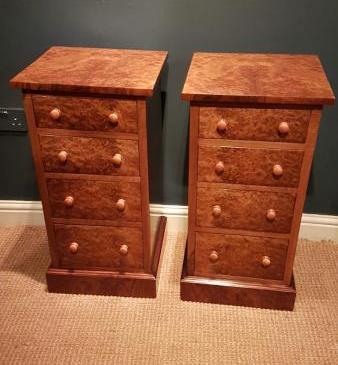 Matching Pair of Antique Burr Walnut Bedside Chests