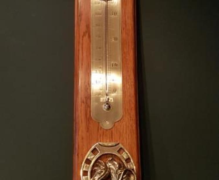 Antique Horse Themed Oak Wall Thermometer - Image 5