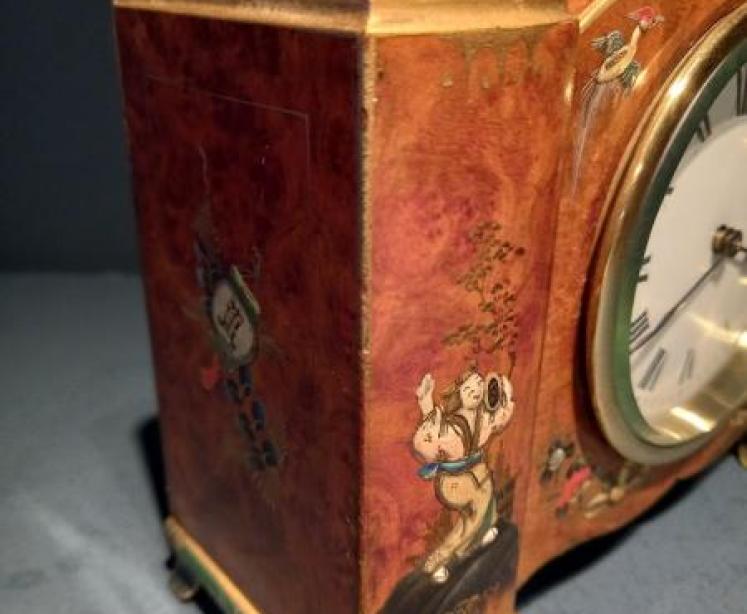 Antique Chinoiserie Burr Walnut Mantel Clock - Image 3