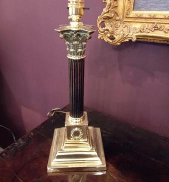 Antique Brass & Mahogany Corinthian Column Table Lamp