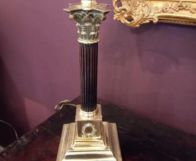 Antique Brass & Mahogany Corinthian Column Table Lamp - Image 1