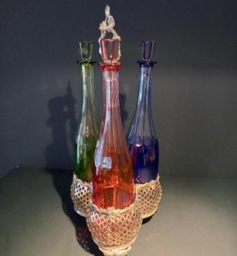 Superb Antique Cut & Flashed Three Bottle Tantalus