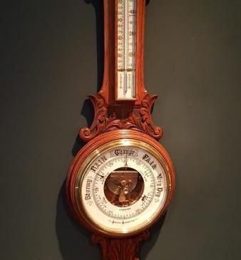 Victorian Carved Oak Banjo Barometer with Skeletonised Movement