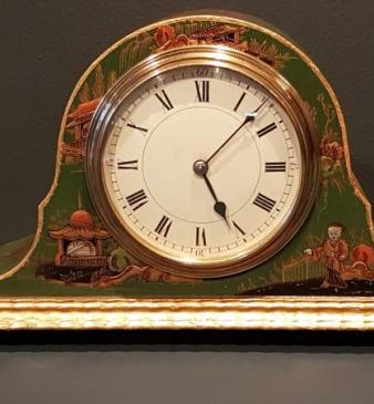 Edwardian Green Chinoiserie Napoleon Hat Mantel Clock