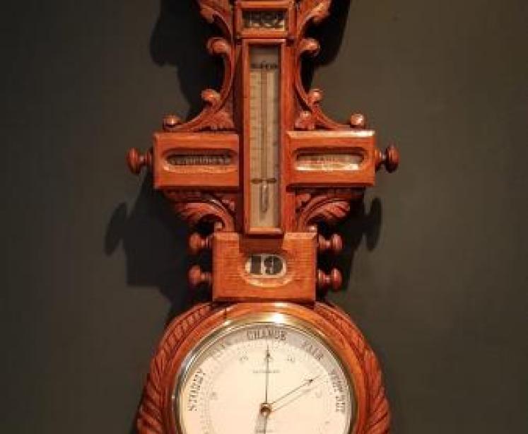Unusual Victorian Carved Oak Barometer Clock and Calendar combination - Image 1
