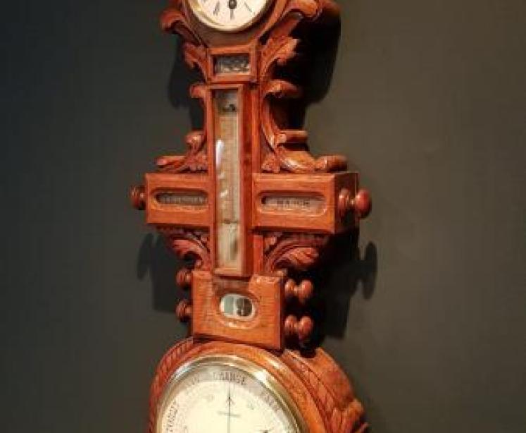 Unusual Victorian Carved Oak Barometer Clock and Calendar combination - Image 5
