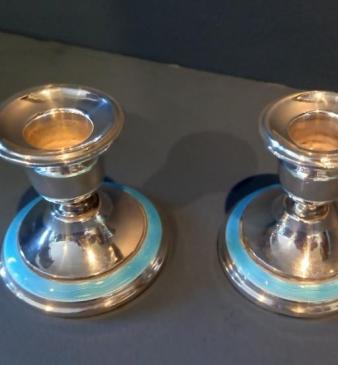 Pair of George V Period Silver & Enamel Candlesticks