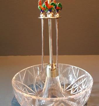 Silver and Enamel Cockerel Topped Olive Cocktails Set