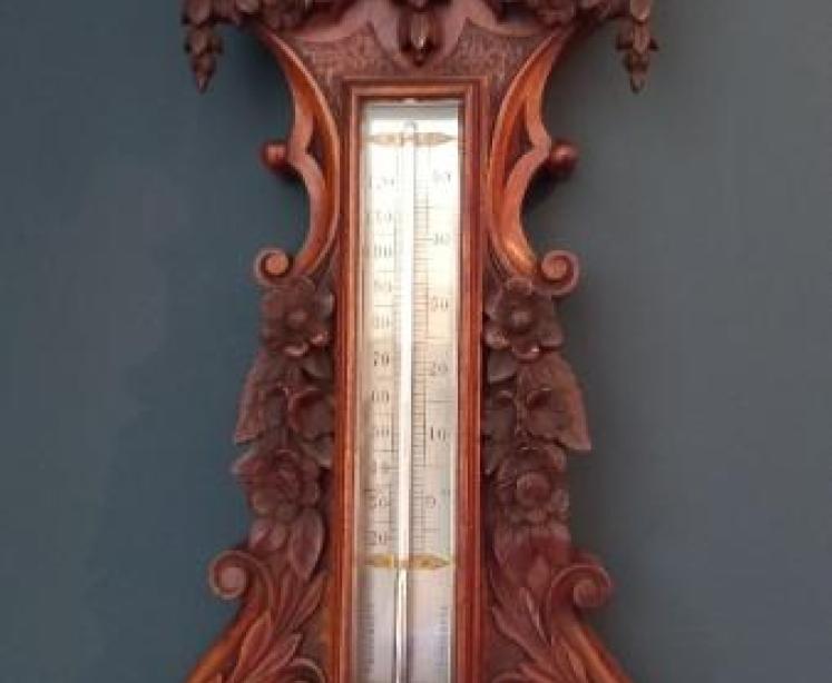 Superb Mid Victorian Solid Walnut Carved Banjo Barometer - Image 3