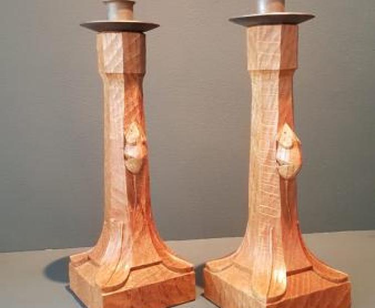 Matching Pair of Mouseman Adzed Oak Candlesticks - Image 2