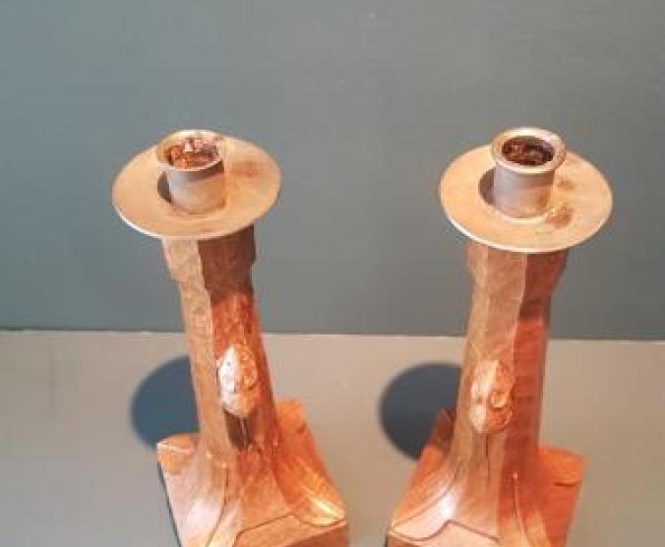 Matching Pair of Mouseman Adzed Oak Candlesticks - Image 7