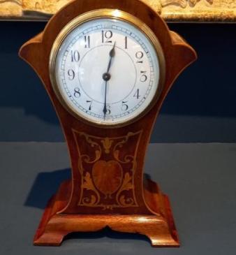 Antique Fruitwood Inlaid Panel Mantel Clock