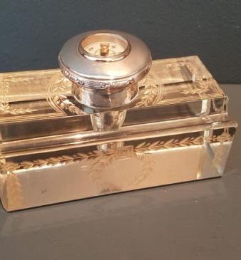 Silver and Cut Crystal Pen and Ink Stand with Inset Compass