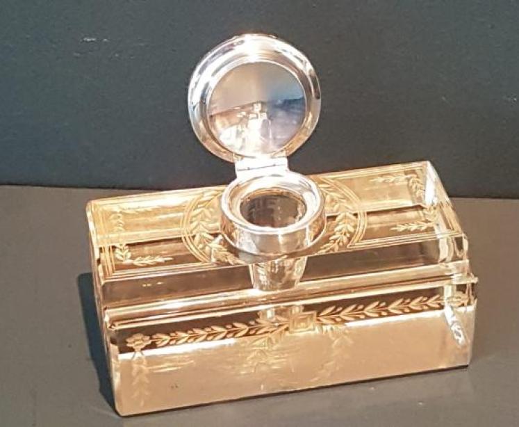 Silver and Cut Crystal Pen and Ink Stand with Inset Compass - Image 4