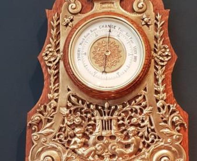 Fine Quality Antique Gilt Brass and Oak Barometer - Image 1