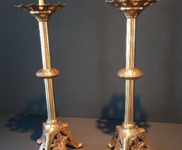 Pair of Mid Victorian Brass Engraved 'Pricket' Candlesticks - Image 1