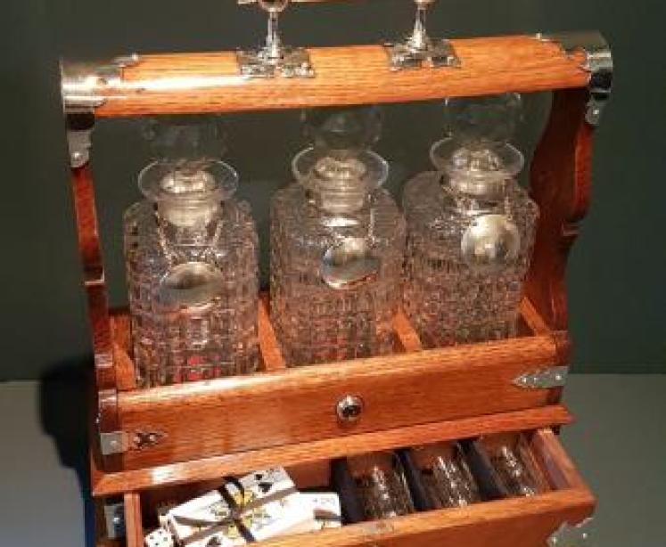 Victorian Oak Tantalus With Games Drawer - Image 1