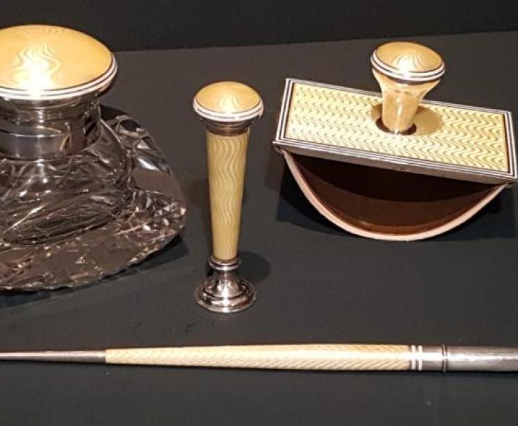 Superb Silver and Enamel Four Piece Pen and Ink Set - Image 1