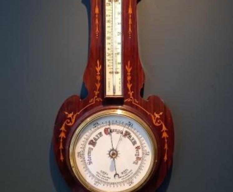 Late Victorian Rosewood Sheraton Inlaid Banjo Barometer and Thermometer - Image 1