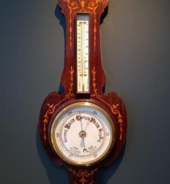Late Victorian Rosewood Sheraton Inlaid Banjo Barometer and Thermometer