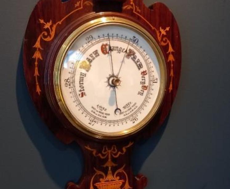 Late Victorian Rosewood Sheraton Inlaid Banjo Barometer and Thermometer - Image 3