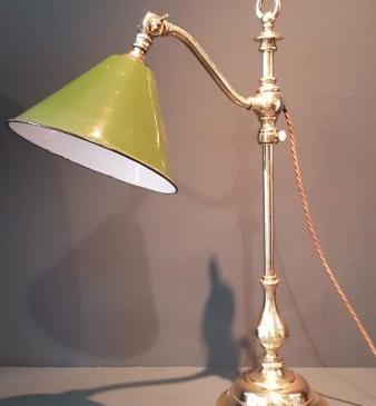 Antique Brass Rise and Fall Lamp & Enamel Shade