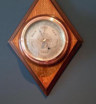 Art Nouveau Fruitwood Inlaid Diamond Shaped Barometer