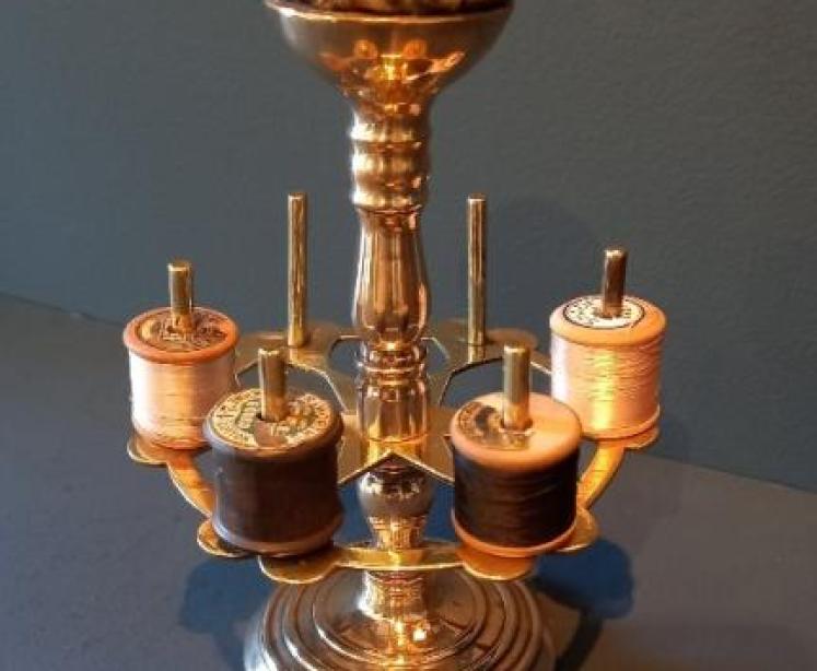Antique Brass Bobbin Stand & Pin Cushion - Image 1