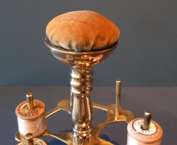 Antique Brass Bobbin Stand & Pin Cushion - Image 4