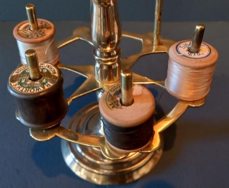 Antique Brass Bobbin Stand & Pin Cushion - Image 5