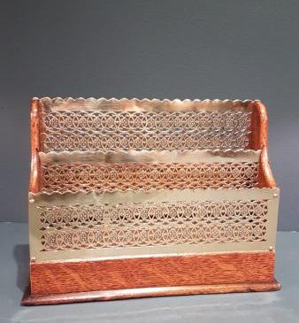 Victorian Fretted Brass and Oak Letter Rack
