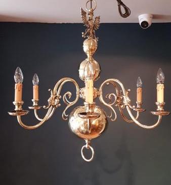 Edwardian Brass Six Arm Chandelier 