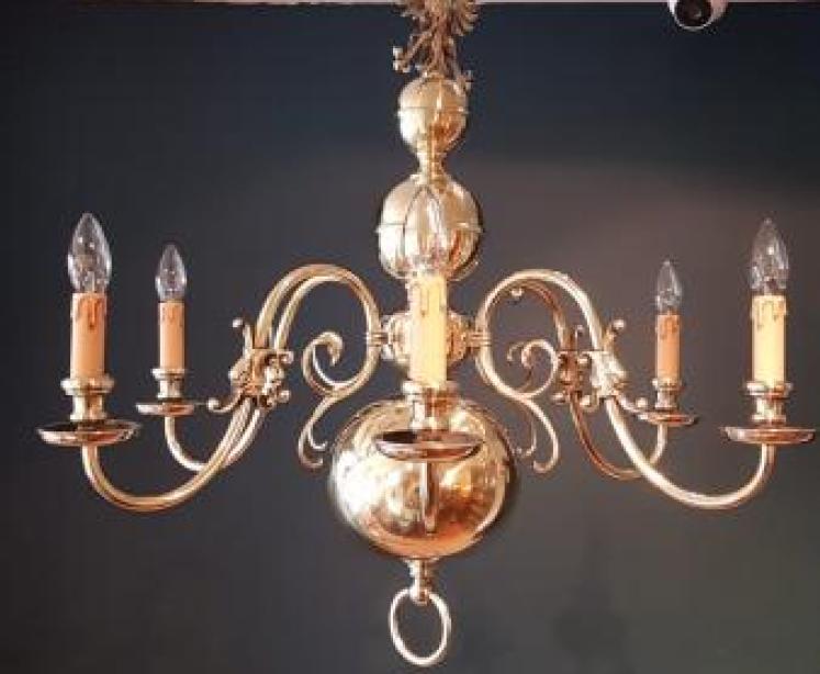 Edwardian Brass Six Arm Chandelier  - Image 1