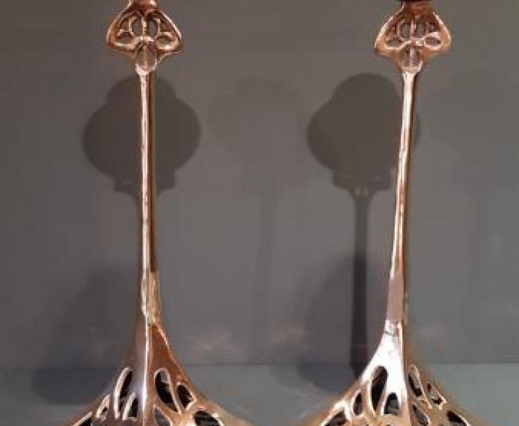 Pair of Solid Brass Art Nouveau Candlesticks - Image 1