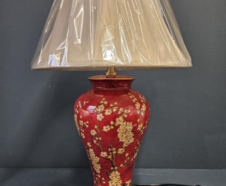 Red Porcelain Jasmine Lamp and Shade - Image 1