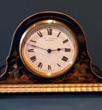 Antique Chinoiserie Blue Lacquered Mantel Clock