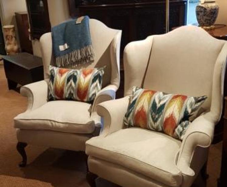 Matching Pair of Edwardian Wing Back Arm Chairs - Image 1